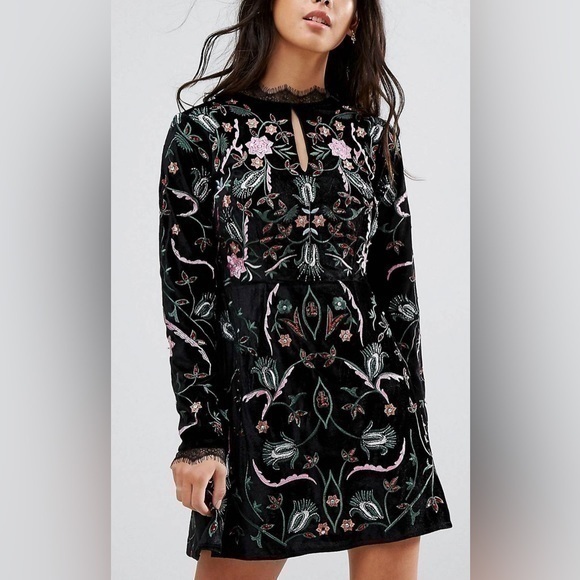 Frock and Frill Allover Premium Embroidered Velvet Skater Dress - Picture 1 of 14